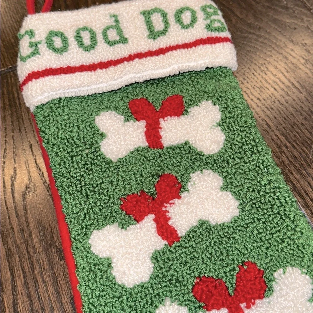 Festive Green and Red Good Dog knit embroidered Christmas Stocking